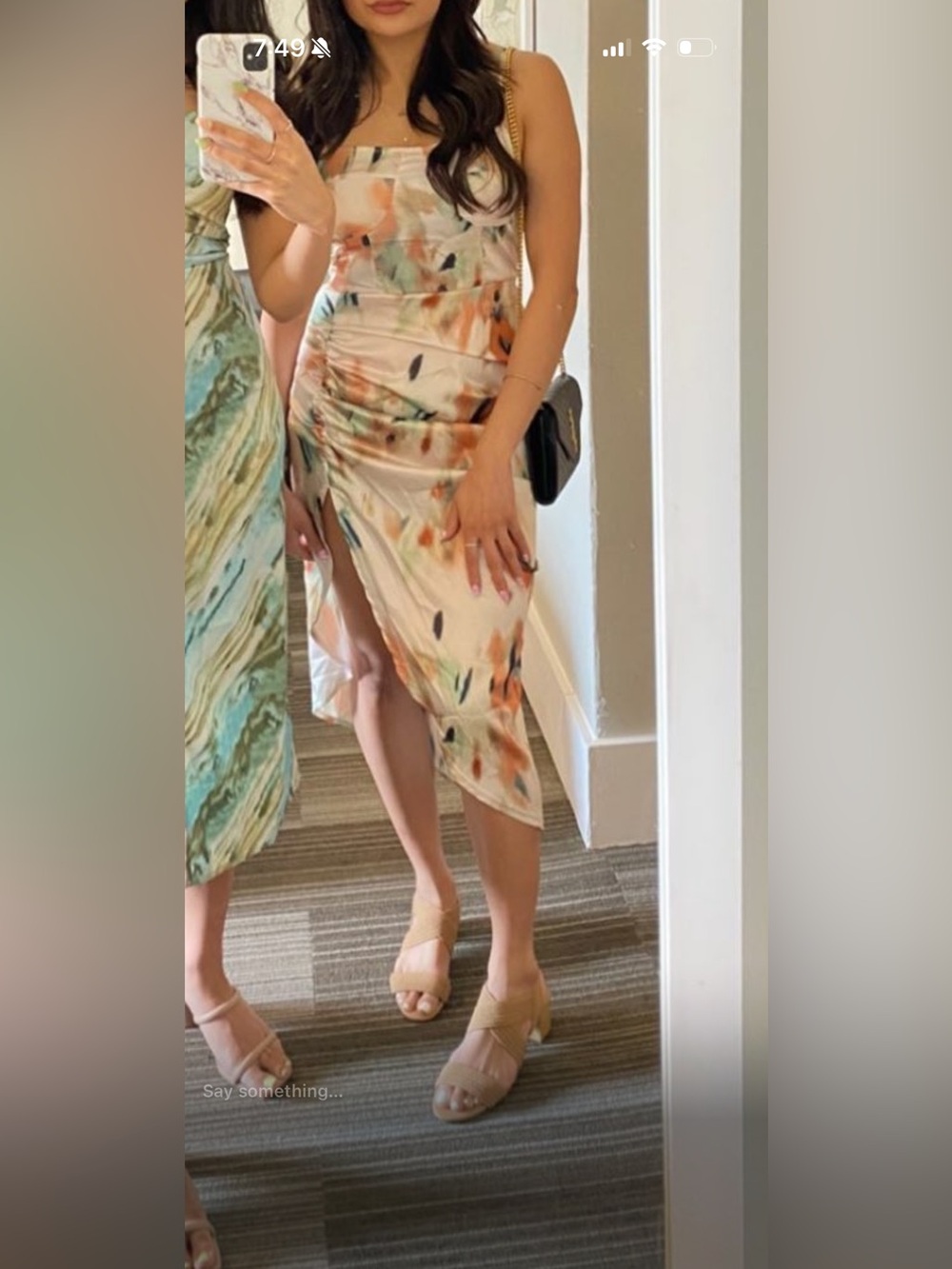 Satin Abstract Print Slip Dress in Peach & Cream